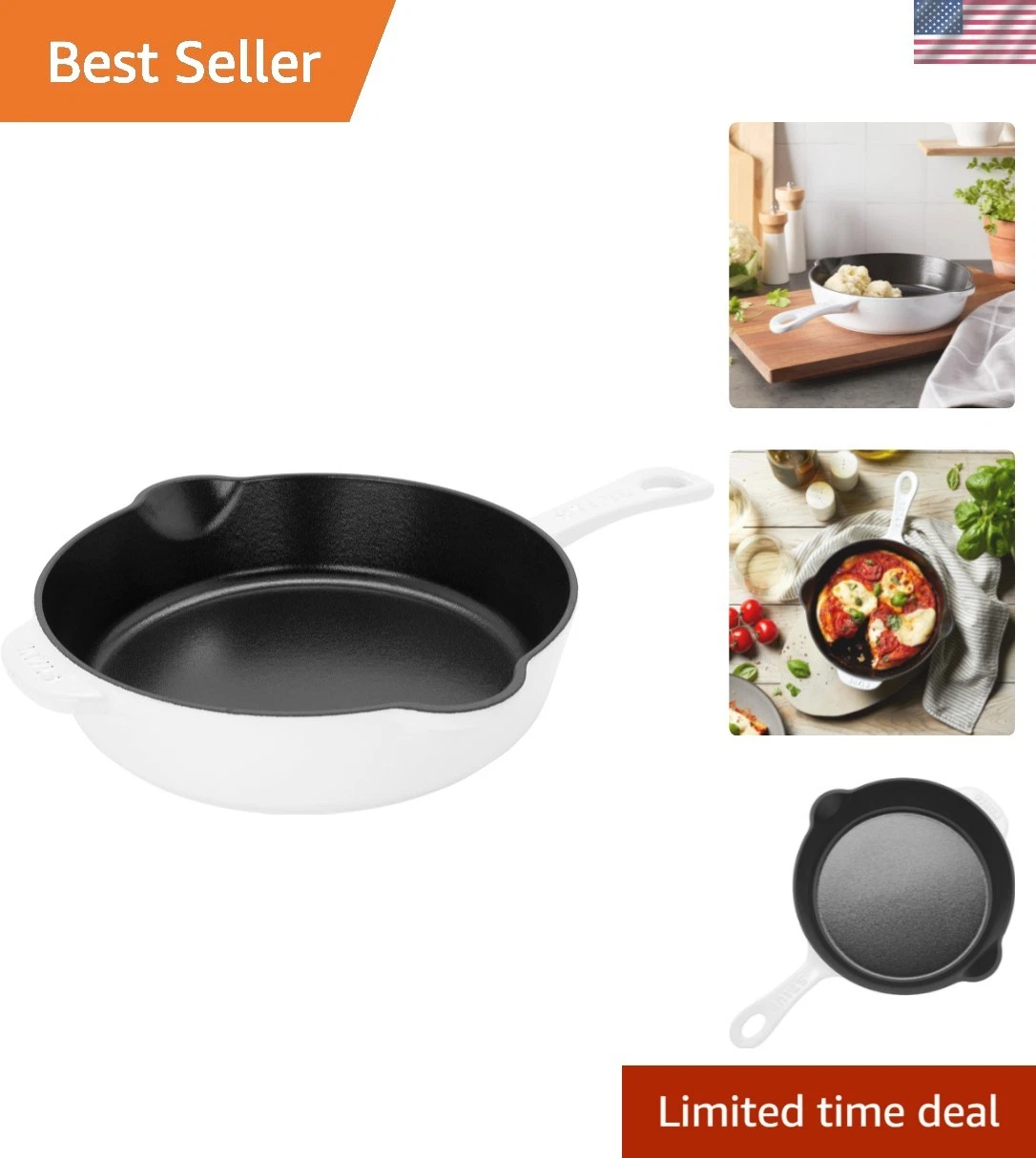 Elegant 8.5-Inch Staub Cast Iron Deep Skillet - White with Perfect Browning