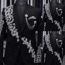 Luxury Men's Suit Handmade Silver Rhinestone Floral Vine Embroidery Evening Prom