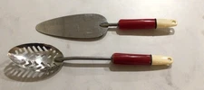 A&J Stainless Steel Spatula & Slotted  Spoon Red & White Bakelite Handle USA