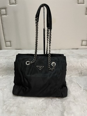 PRADA Women's Medium Nylon Shoulder Tote Vintage Black Chain strap bag