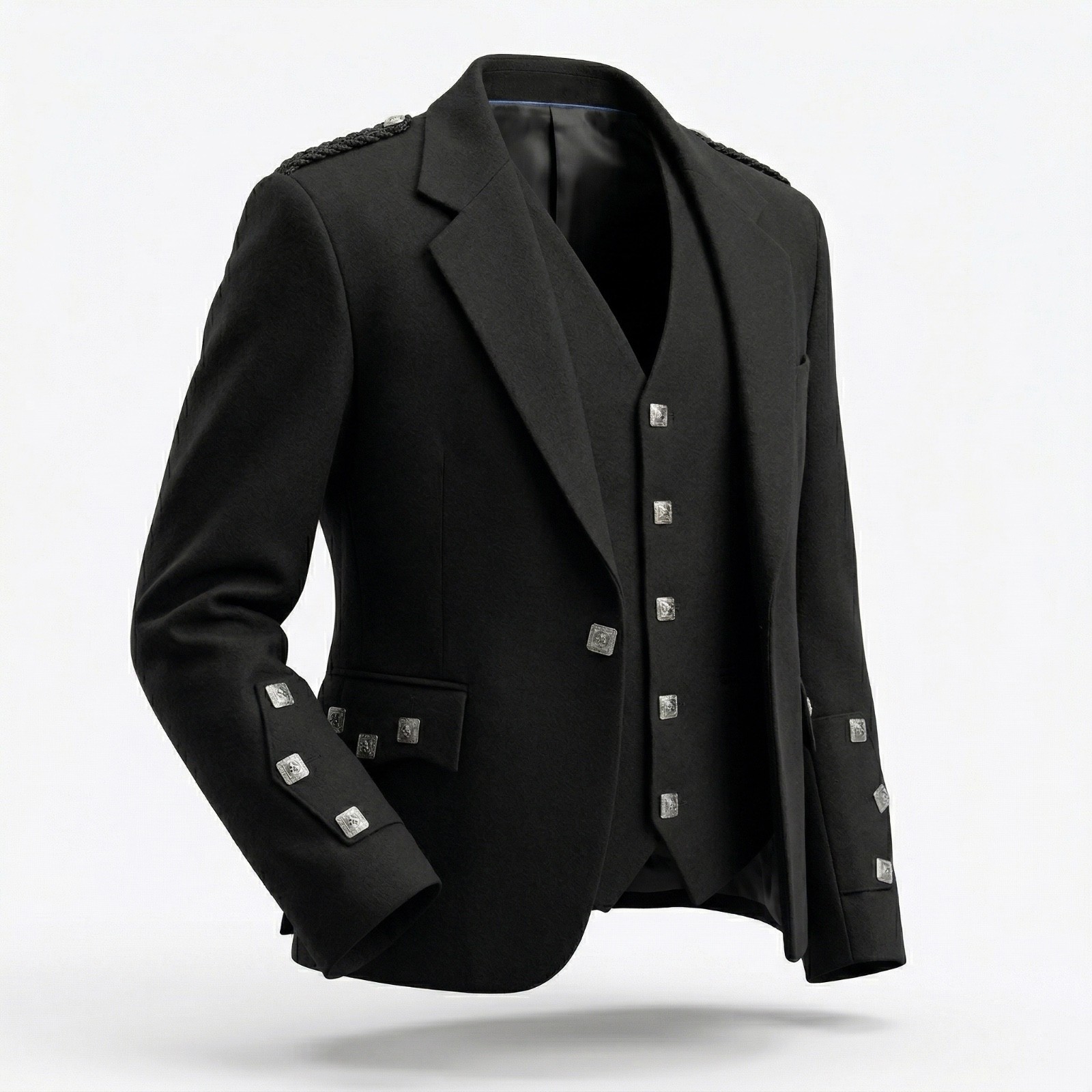 Men's Black Argyle Kilt Jacket & Waistcoat 100% Wool Scottish Formal Vest Suit