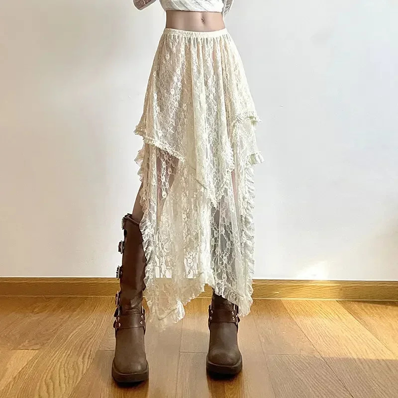 Lace Asymmetrical Skirt Women Fairycore Vintage Y2K Boho Aesthetic Fashion High