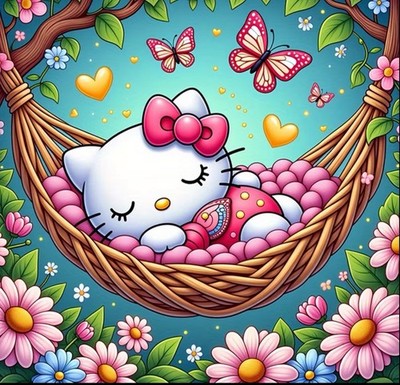 Diamond Art Kit Featuring HELLO KITTY Napping In A Hammock 30cm X 30cm Rounds