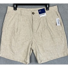 NEW Old Navy Linen Blend Shorts Mens 33 Tan Khakis Slim Pleated Casual Chino