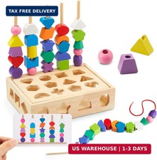 3 in 1 Montessori Wooden Toys, Lacing Beads  Stacking Blocks  Shape Sorter Seq