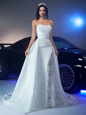 Vestido de novia elegante con hombros descubiertos, de tela de encaje y sat n