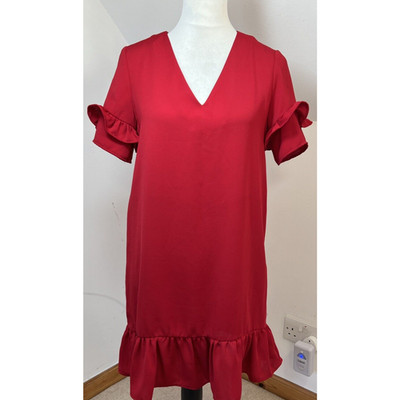 Zara Basic rotes Etuikleid Gr. XS V-Ausschnitt leicht kurze Rüschenärmel Rüschensaum