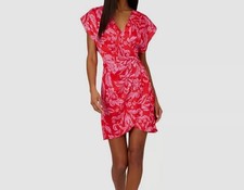 Adrianna Papell Women's Red Floral Surplice O-Ring Faux-Wrap Dress Size 10
