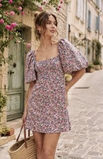 Sézane Alexandra Hanoi Floral Linen Cotton Puff Sleeve Mini Dress Coquette 36