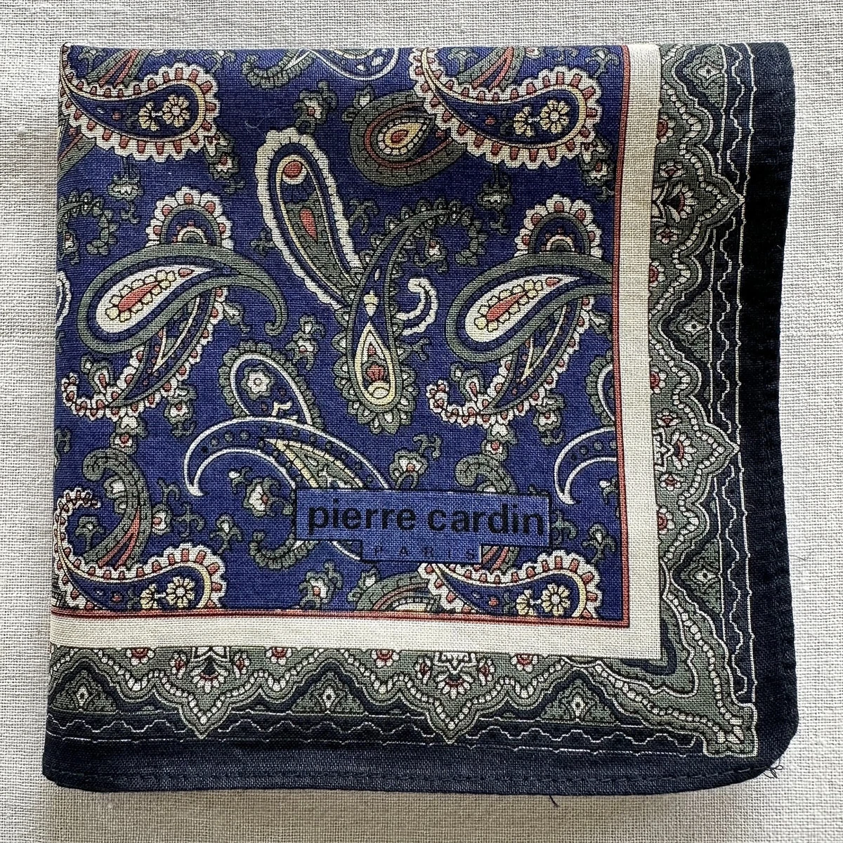 Vintage Handkerchief Blue Cotton Paisley Green Pattern Classic Pocket Square 17"