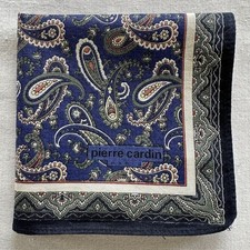 Vintage Handkerchief Blue Cotton Paisley Green Pattern Classic Pocket Square 17"