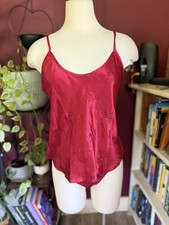 Vintage 90s Ruby Red Satin Floral Embroidered Cami Set Coquette Lingerie Size M