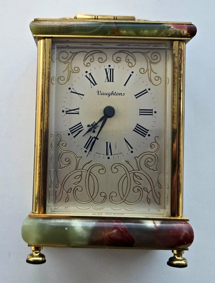 VINTAGE HEAVY BRASS WEISS VAUGHTONS ONYX CARRIAGE CLOCK 70s 80s GOOD CONDITION - Image 3 of 4