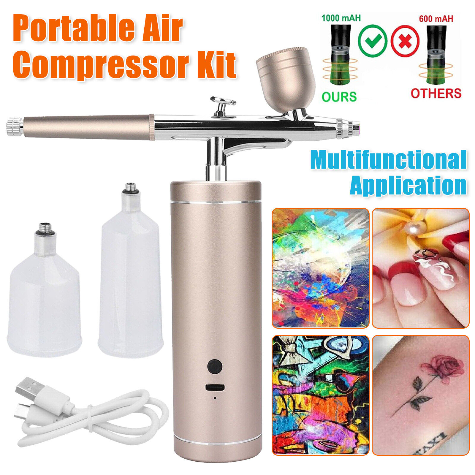 Cordless mini personal airbrush compressor high capacity psi art 0.3mm  nozzle oxygen spray gun cosmetics make up beauty salon