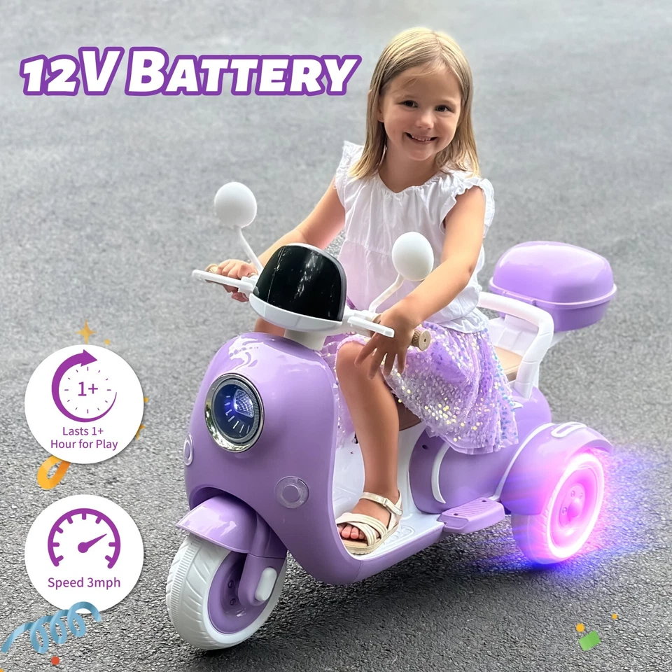 Motocicleta 12V Niños Ciclomotor Eléctrico Niñas Scooter 3 Ruedas Moto Juguete con LED Foto 2 de 4