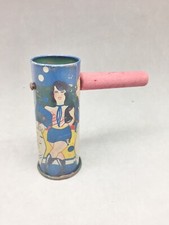 Tin Metal Noisemaker Toy Made Japan Jazz Sax Lady Dancing People Wood Handle Vtg