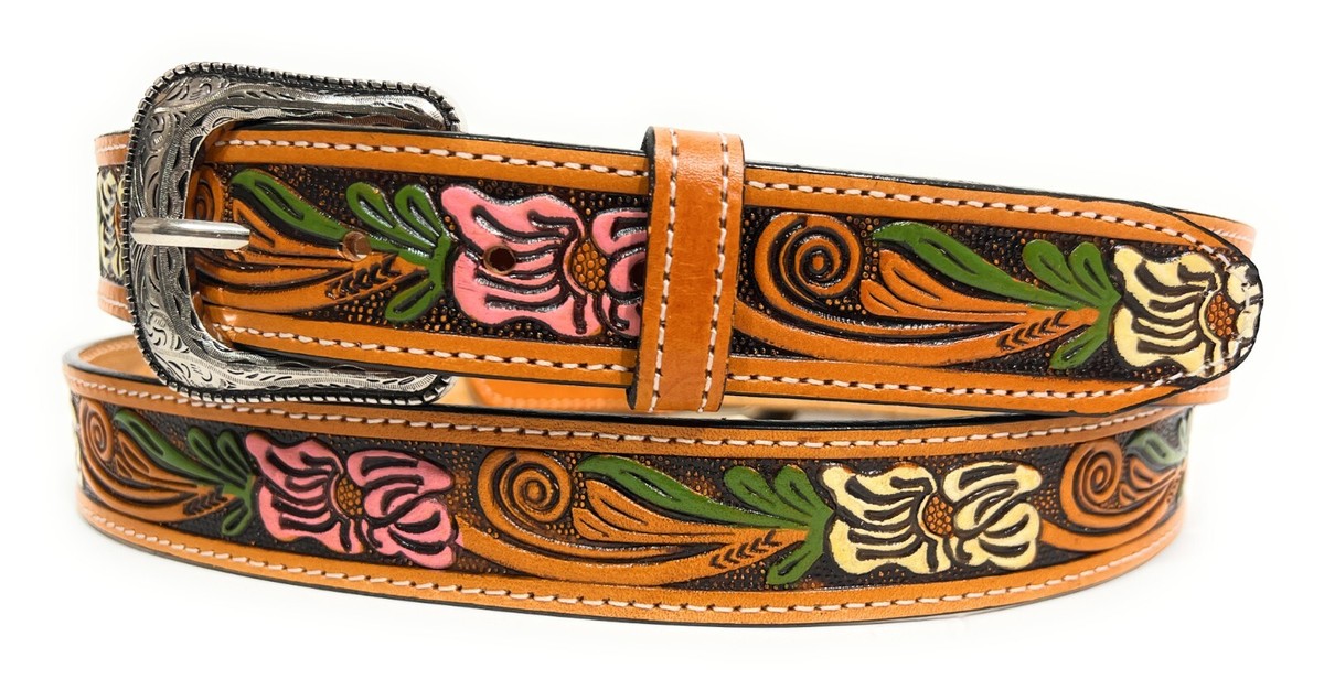 Women\'s Orange Floral Tooled Leather Belt Affilare Western Genuine Leather Sunflower Floral Tooled  main image 4