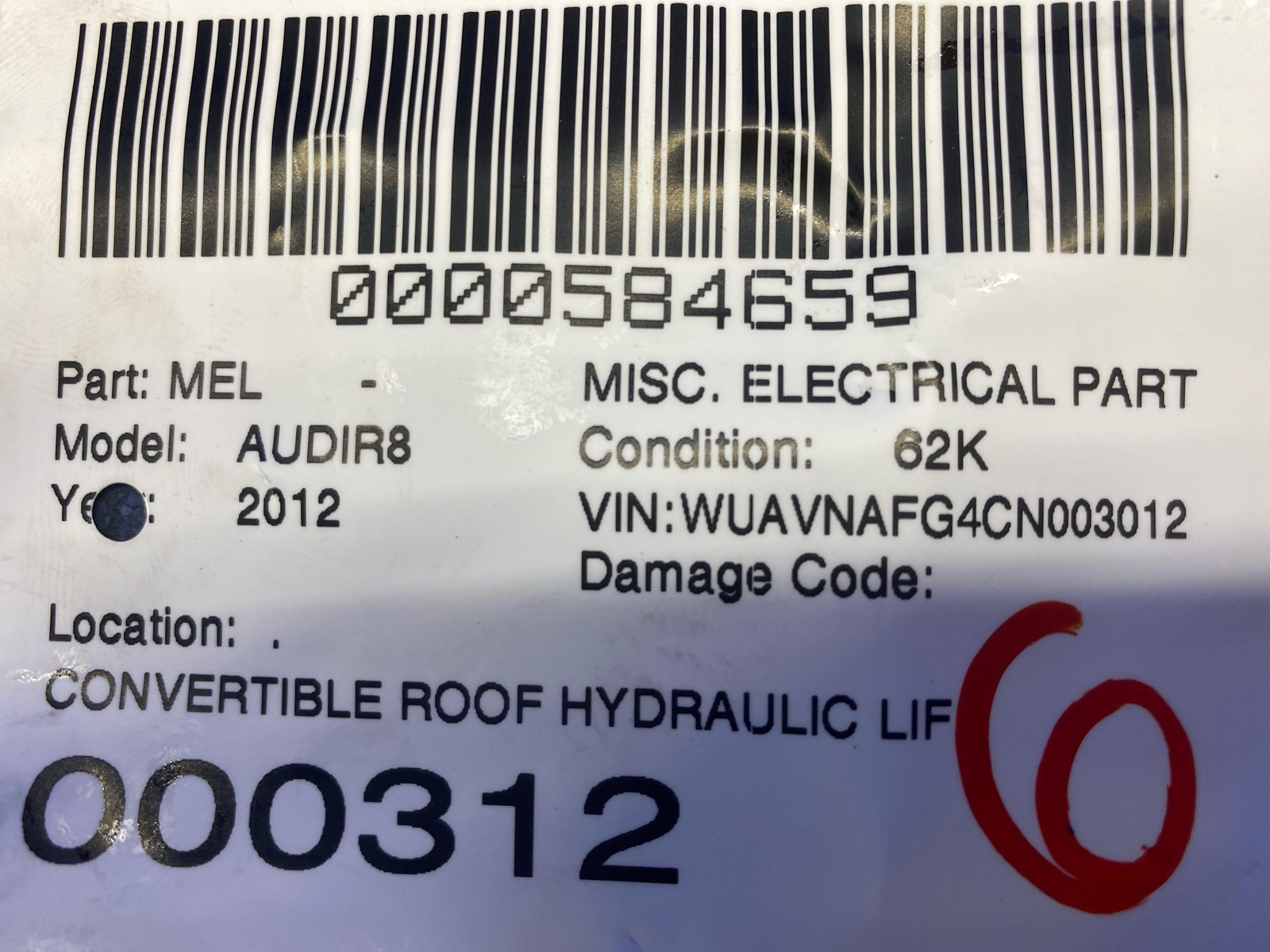 2008-2012 AUDI R8 CONVERTIBLE ROOF HYDRAULIC LIFT SOLENOID MOTOR MODULE UNIT