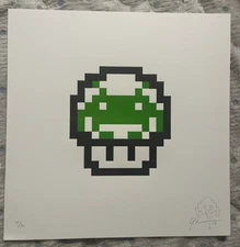 SIGNED Space 1-UP Mushroom Bruce Yan Letterpress Art Print Poster Invader Mario