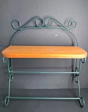 Towel rack  green metal with wood shelf bathroom or kitchen 13.5" T  12" W 5" D