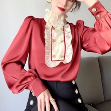 Blusa Righe Donna Manica Lunga Pullover Top Palazzo Francese Retro Lavoro