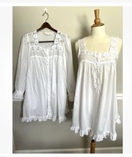 1990's Victoria's Secret White Cotton Eyelet Nightgown and Robe Set Sz Medium