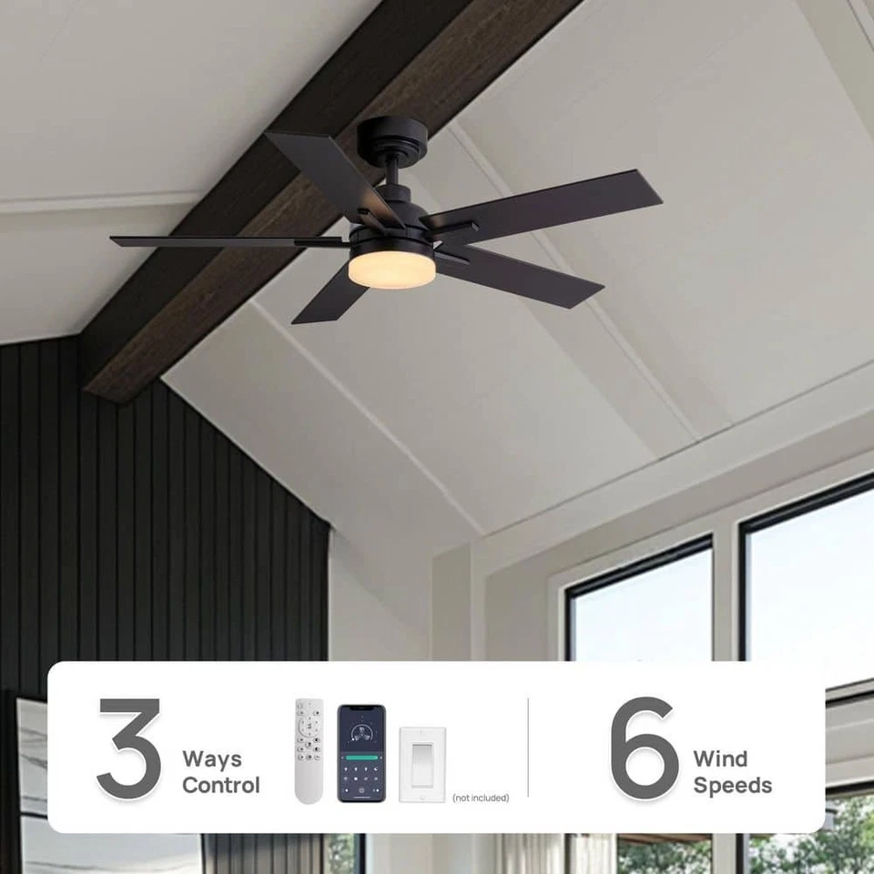 ANTOINE 44" Modern Smart Black Ceiling Fan w/ Dimmable LED Light & App Remote - Image 2 of 4
