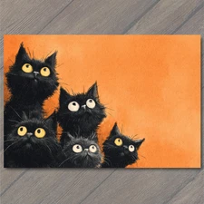 Art Print Curious Cats Orange Background Quirky Feline Artwork