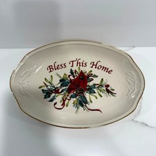 Lenox Winter Greetings Serving Tray "Bless This Home" Cardinal 24K Holiday Decor