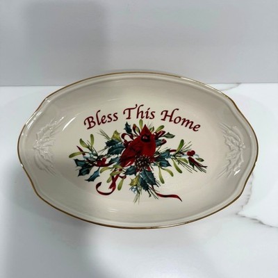 Lenox Winter Greetings Serving Tray ''Bless This Home'' Cardinal 24K Holiday Decor