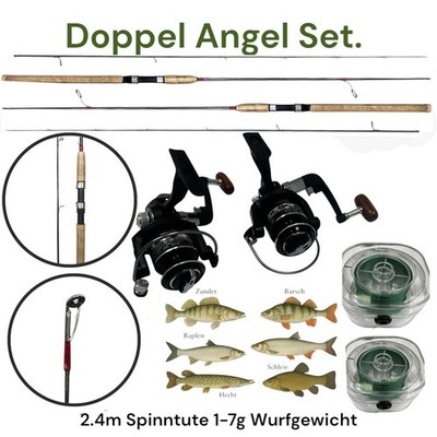 Angelset Doppel 2x Spinnrute 2,4m + 2 Rollen YF1000B + 2 150m Geflochtene Schnur