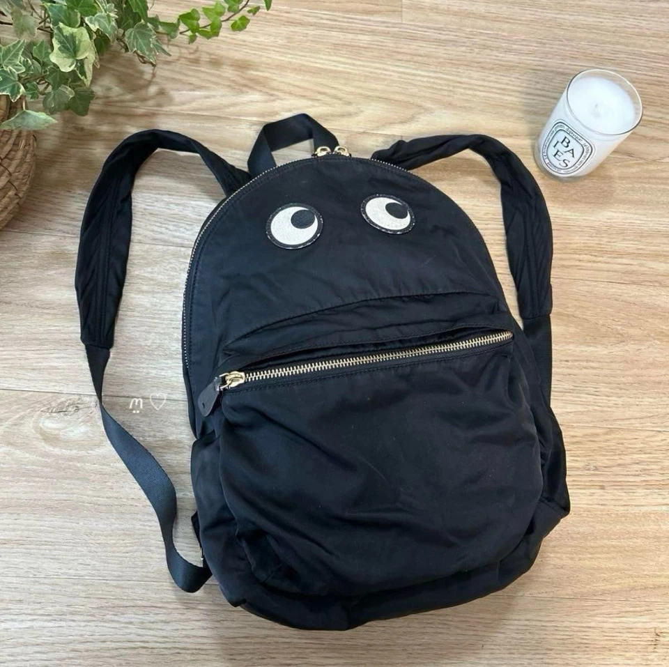 Mochila Anya Hindmarch Eyes Negra Nylon Cuero Cierre de Cremallera Usada Foto 2 de 4