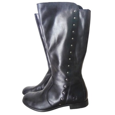 Born Larsen Black Leather Tall Riding Boot Flat Knee Studs Studded Round Toe 8.5