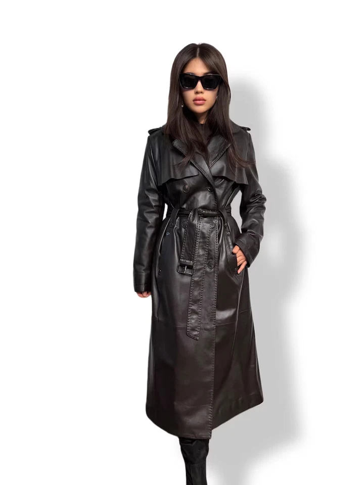 Trench coat de couro feminino genuíno pele de cordeiro inverno longo jaqueta preta - Imagem 4 de 4