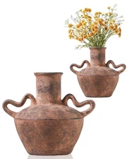 9.3in Tall Vintage Handles Terracotta Vase, Rustic Brown Ceramic Pottery Jug ...