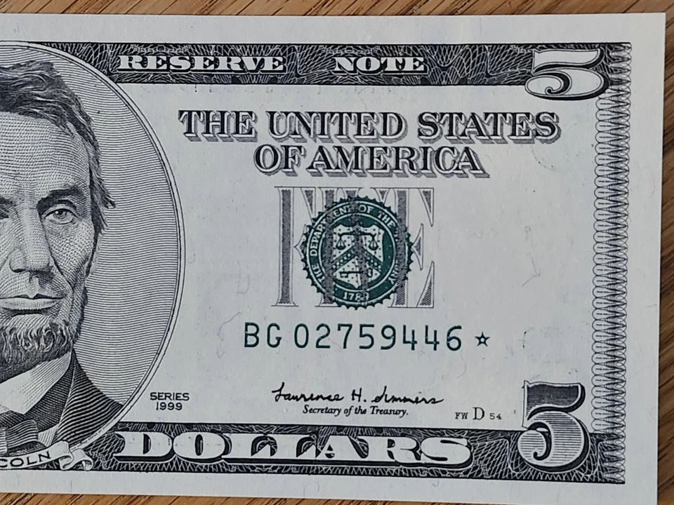 1999 $5 UNC/GEM "STAR NOTE" CHICAGO DISTRICT BG02759446* 3 OF 3 CONS SER NUM - Image 4 of 4