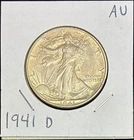 1941-D Silver Walking Liberty Half Dollar, AU, Yellowish Toning