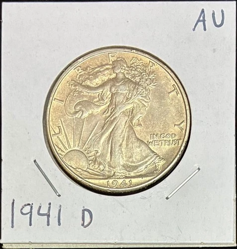 1941-D Silver Walking Liberty Half Dollar, AU, Yellowish Toning