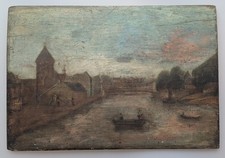 Antico dipinto olio olandese XVIII secolo su tavola scena fiume ponte torre barche