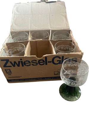Zwiesel Glas Set 6 Vintage Weingläser geätzte Trauben grüner Stiel Germany verpackt