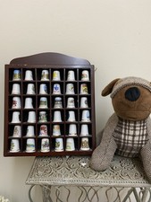 36 x Vintage Decorative Bone China England Thimbles In Wooden Stand