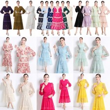 New Floral Embroideried V Neck Belt Long Sleeve Women Casual Party Midi Dresses