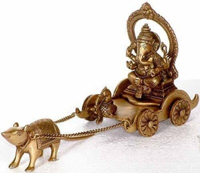 Brass Lord Ganesha Bhagwan Idol Ganpati Statue Sitting on Mouse Driven Chariot 
