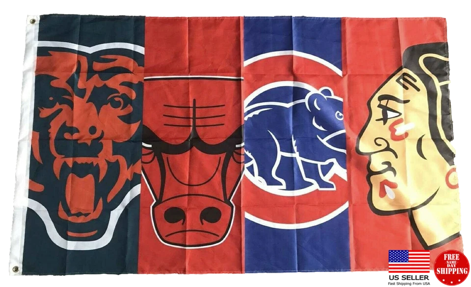 Bandeira esportiva Chicago Bears Cubs Blackhawks Bulls 3x5 pés Man Cave nova EUA. - Imagem 3 de 4