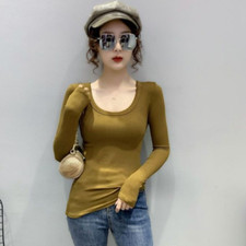 Maglietta Basic A Righe Slim Fit Stretch Scollo U Semplice Blusa Tee Moda
