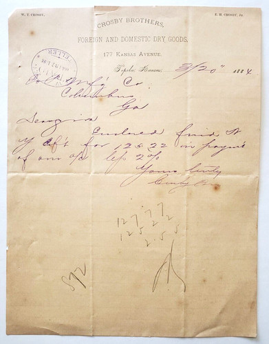 1884 Letter, Crosby Brothers Foreign And Domestic Dry Goods, Topeka, Kansas