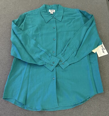 Ann Gerlin Womens Linen Blouse 18 Lagenlook Emerald Button Up Shirt Top NEW LS