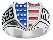 USA Flag Shield Ride Free mens Biker Enamel ring 316 Stainless Steel size 9 T54
