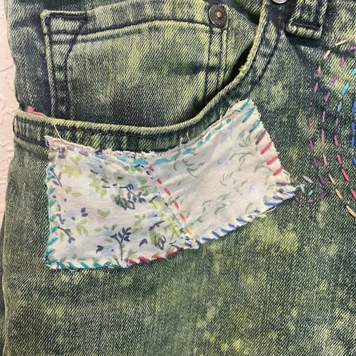 Upcycled Womens One Of A Kind Patchwork Jeans Kantha Bleached Dyed Green Boho - Afbeelding 20 van 22