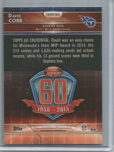 2015 Topps Chrome 60 #T60R-DC, David Cobb Anniversary Relic Jersey Card - Picture 2 of 2